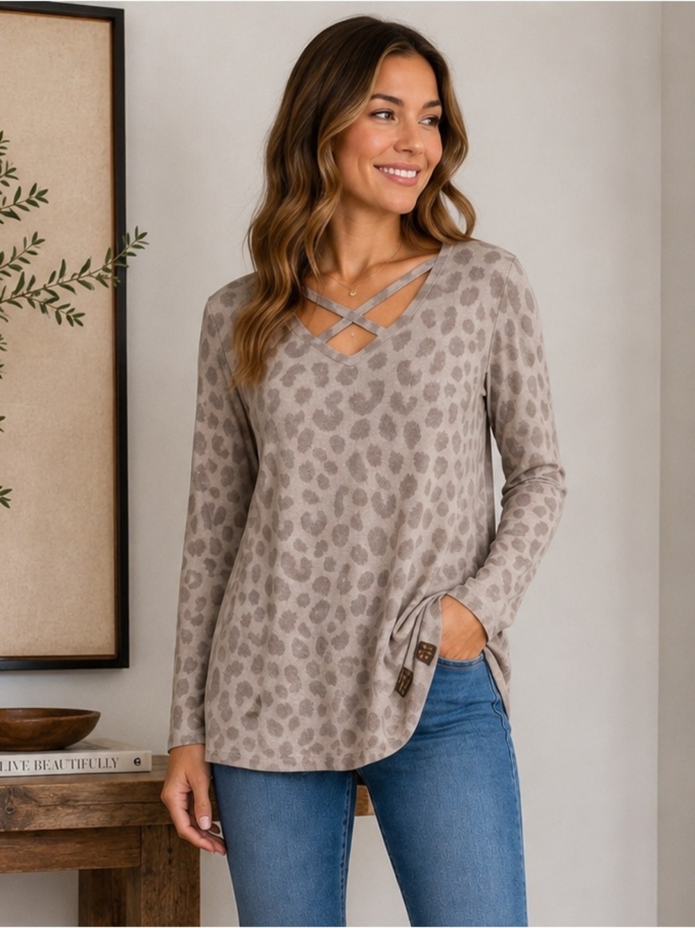 Leopard Print Top Tunic Simply Southern Sequin Detail Soft Size Large